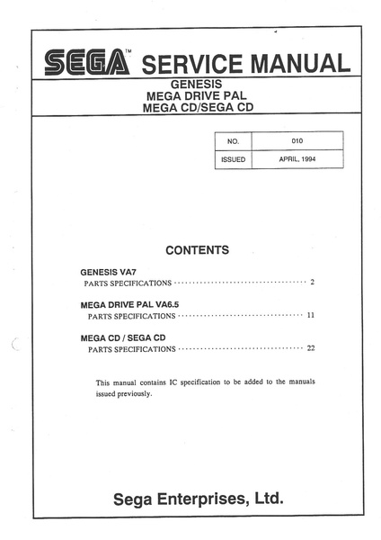 File:Sega Service Manual - Genesis - Mega Drive PAL - Mega CD - Sega CD - 010 - April 1994.pdf